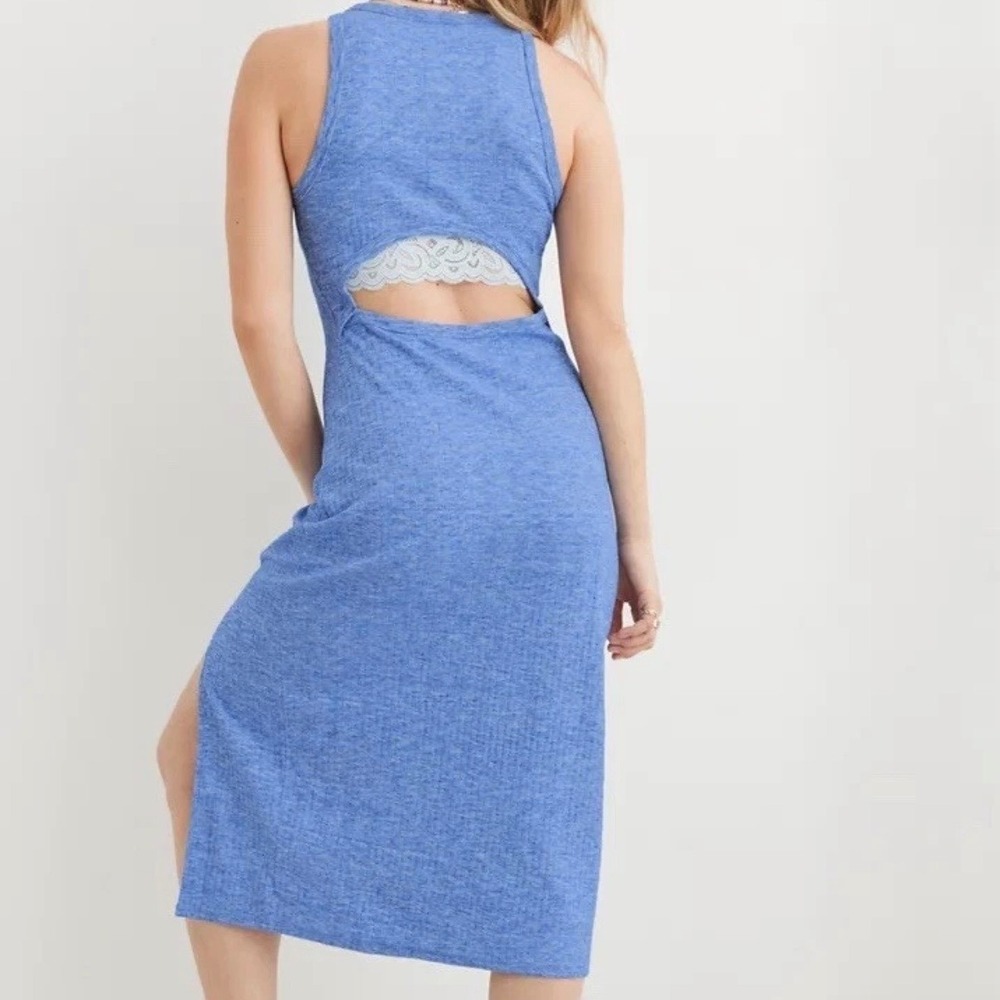 Aerie Blue Heather Maxi Dress Womens Small Petite Racerback Cutout Side Slit - Picture 9 of 10